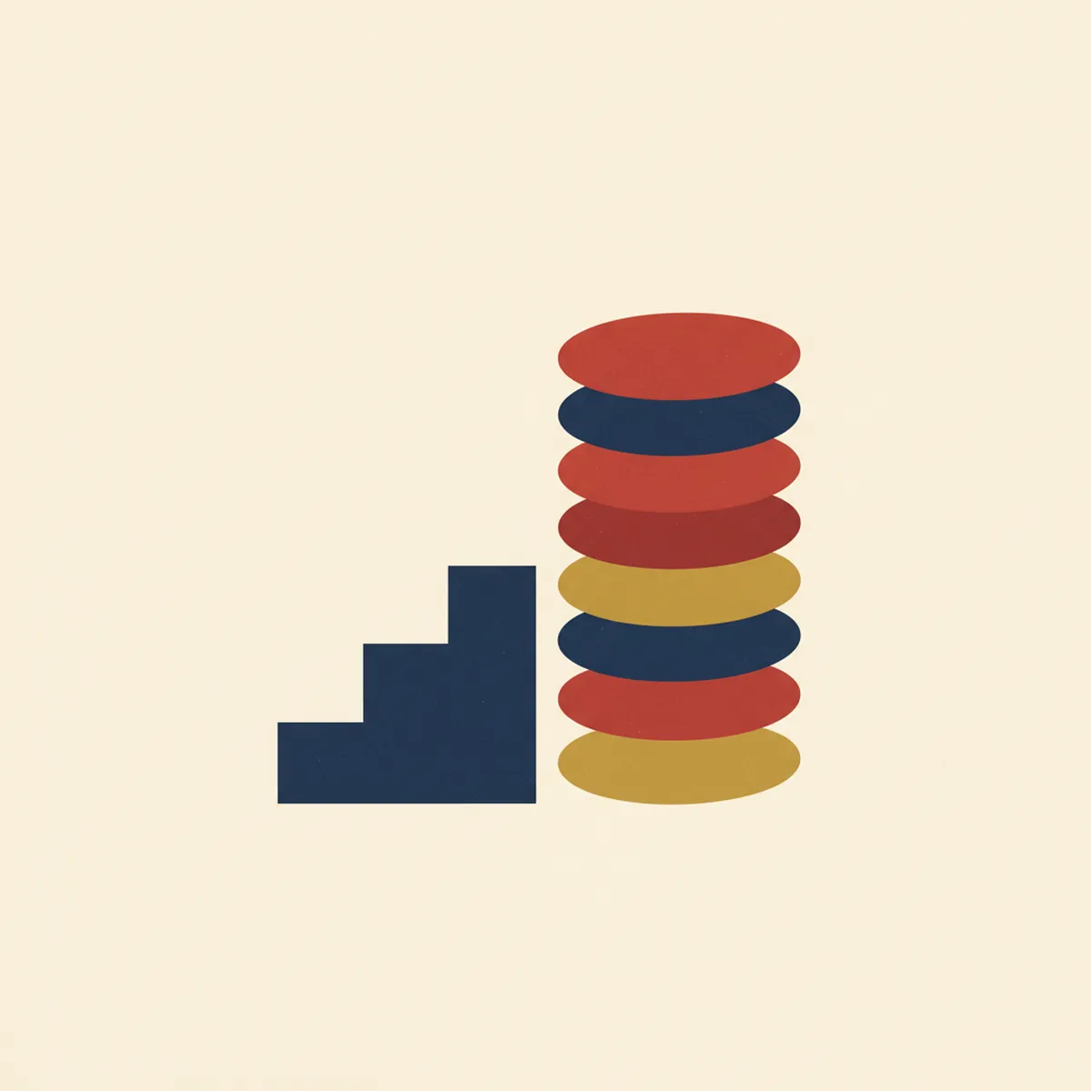 Illustration: a small staircase of three steps rising beside a neat stack of coins, flat geometric planes