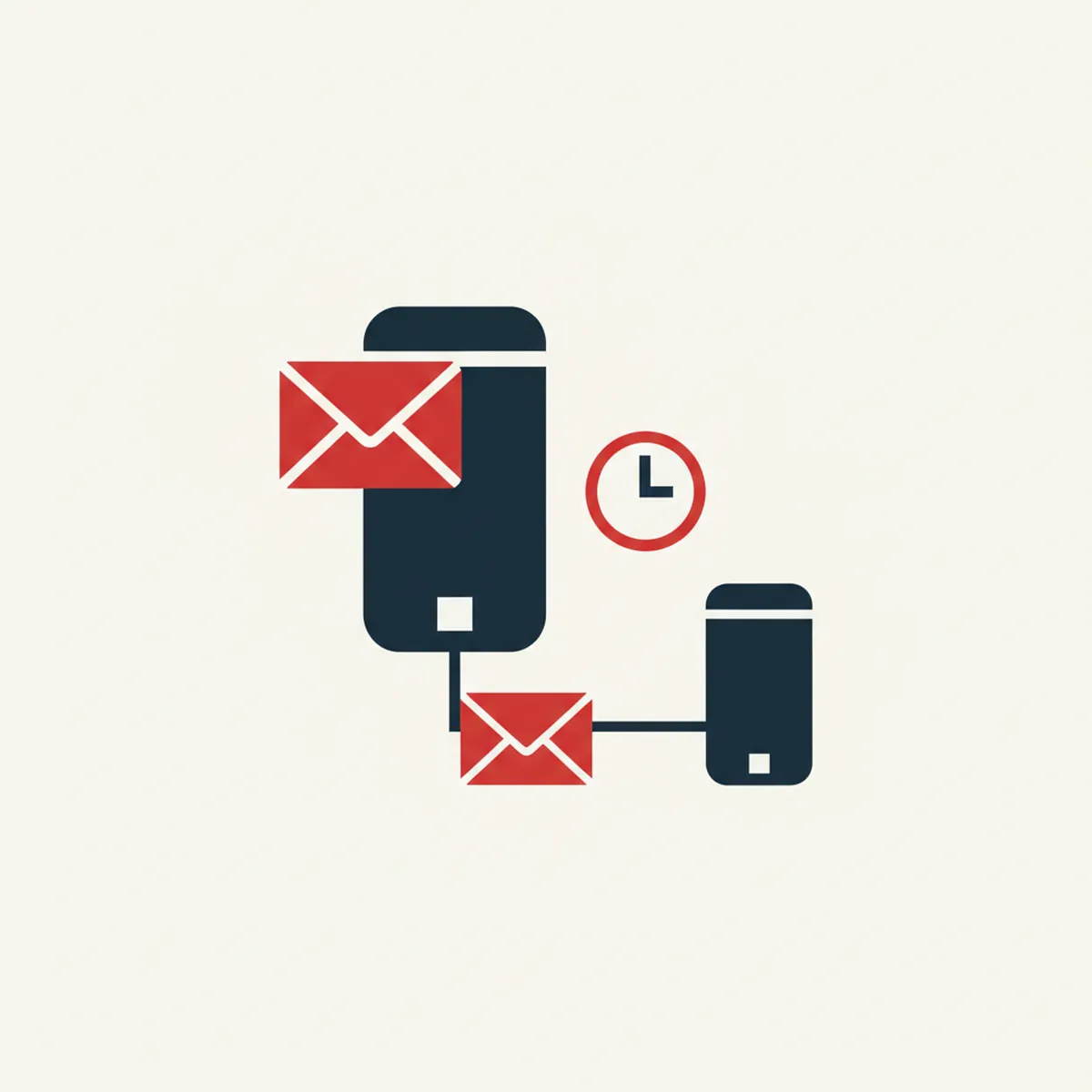 Illustration: an envelope pictogram entering a phone pictogram, with a second smaller envelope branching to a different phone on the grid, and a clock pictogram beside it