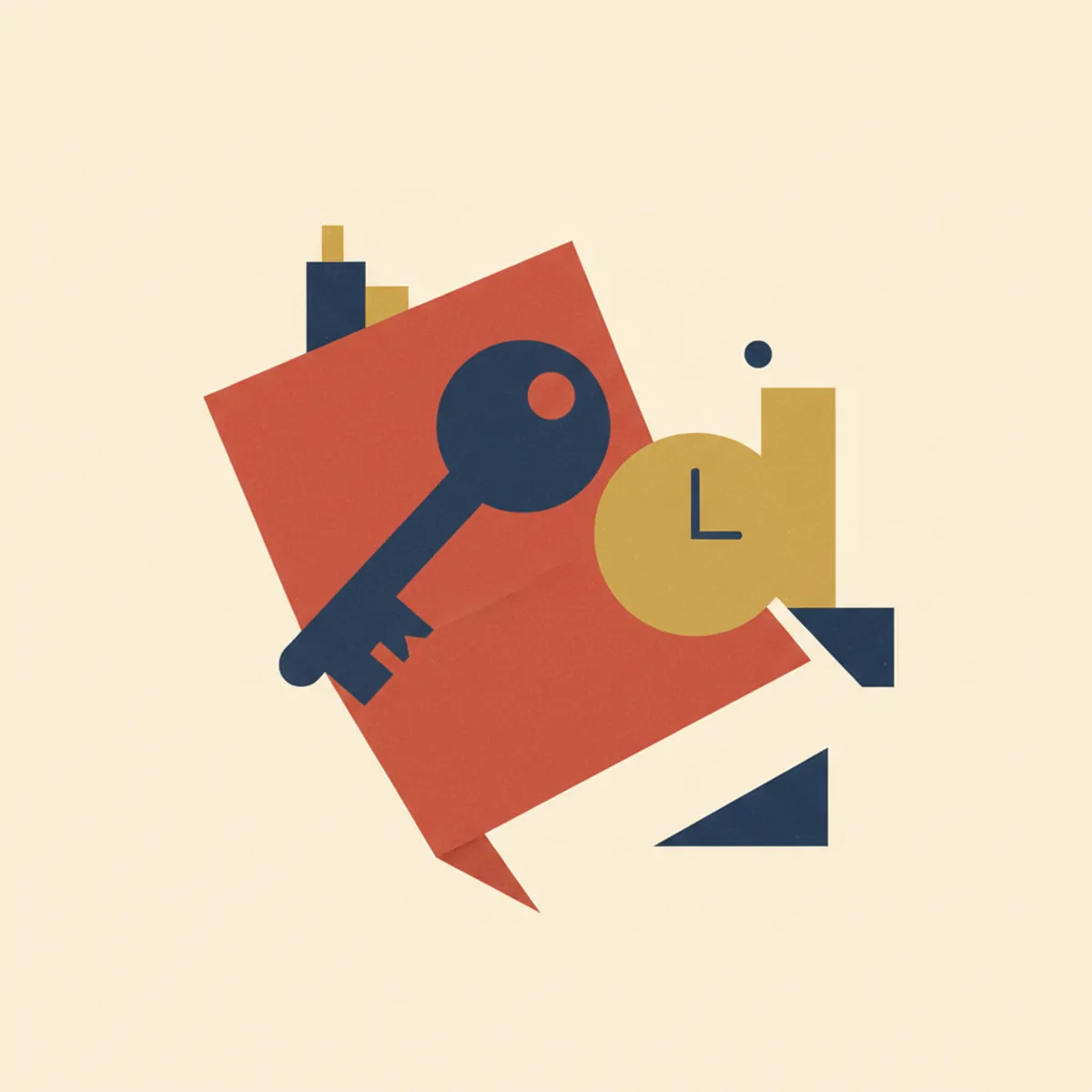 Illustration: a simple key and a small clock face without numerals resting on a folded document, flat geometric planes