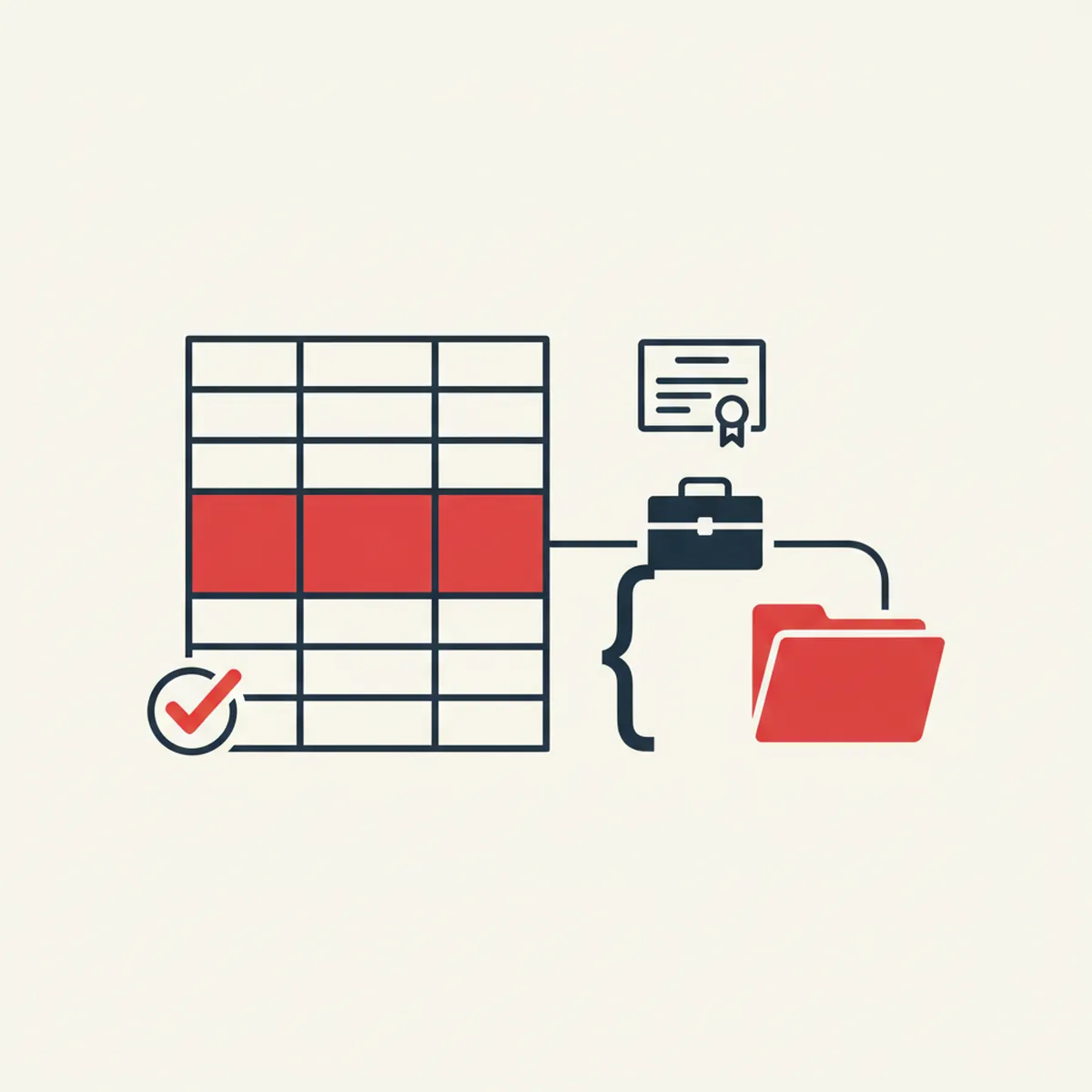 Illustration: a printed list of job rows on a grid, one row marked with a tick, beside a pictogram of a degree certificate and a toolbox, joined by a bracket to a single folder