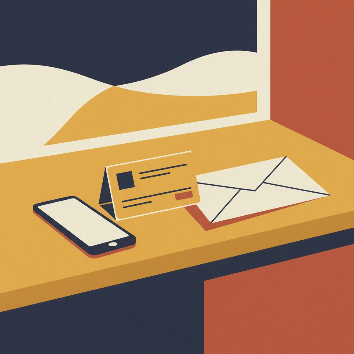 Illustration: a yellow health card lying on a kitchen counter beside a smartphone, an opened letter next to them